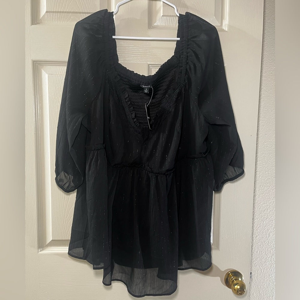 New Torrid Black Sheer Blouse with Sparkle Detail